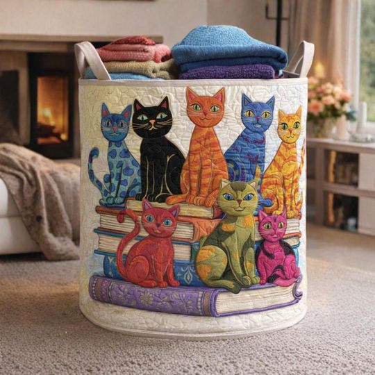 Handmade Cat Quilt Laundry Basket Fabric Hamper Colorful Cats on Books , Cute Cat Lover Laundry Bin, Decorative Storage Basket for Home