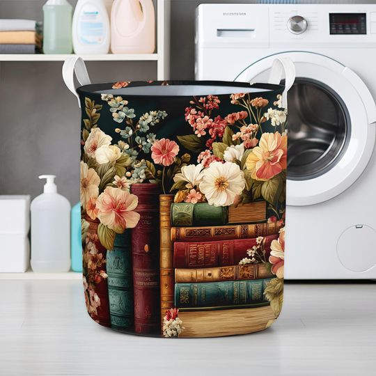 Vintage Floral Book Laundry Basket, Cottagecore Storage Hamper, Book Lover Home Decor, Fabric Organizer Bin, Bookish Basket
