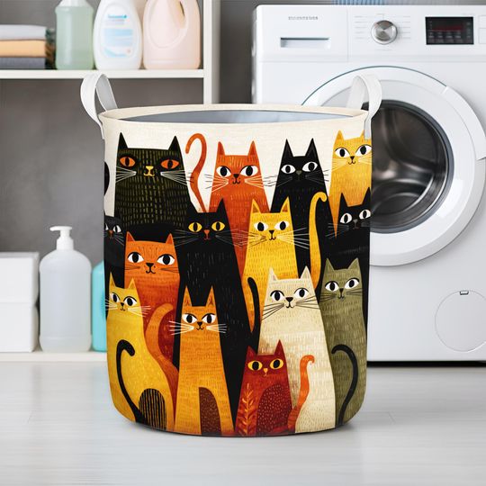 Cute Multicolor Cat Laundry Basket, Foldable Fabric Laundry Hamper with Handles, Cat Storage Bin, Cat Lover Home Decor, Gift for Cat Lovers