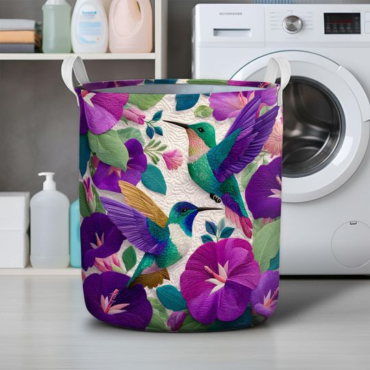 Floral Hummingbird Laundry Basket, Morning Glory Flower Art Hamper, Garden Bird Storage Bin, Nature Hummingbird Laundry Bin