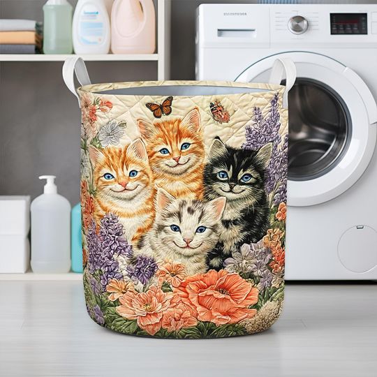 Cute Kitten Laundry Basket, Floral Cat Decor Hamper, Adorable Kitty Laundry Bin, Cat Lover Bathroom & Laundry Decor, Flower Cat Basket Decor
