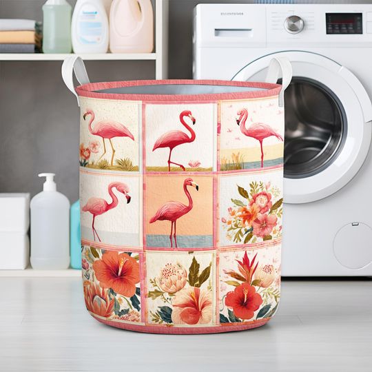 Flamingo Laundry Basket, Pink Tropical Floral Storage Hamper, Beach Style Home Organizer, Summer Decor Basket, Flamingo Lover Gift