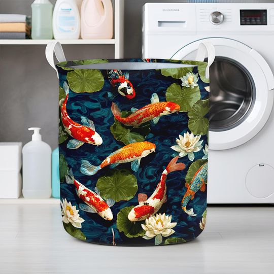 Discover Japanese Koi Fish Laundry Hamper with Lotus Flowers, Zen Style Fabric Storage Basket, Foldable Laundry Bin with Handles for Home Decor