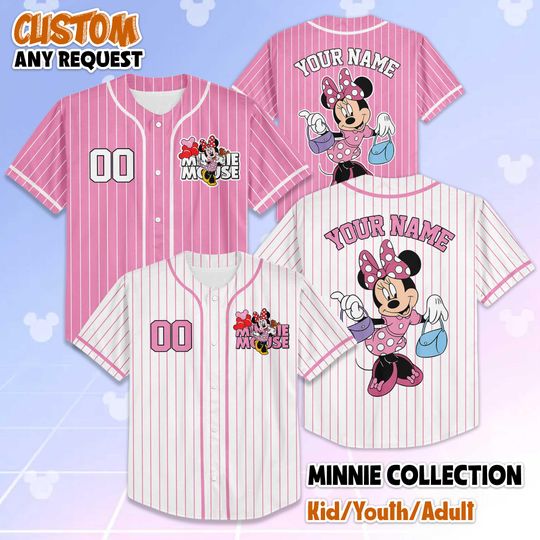 Discover Custom Minnie Mouse Baseball Jersey, Personalized Disney Minnie Mouse Jersey Shirt, Disney Birthday Gift, Fan Lover Gift