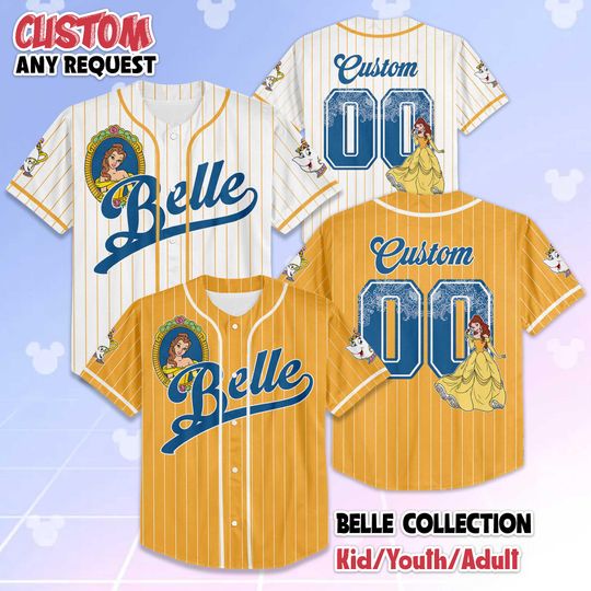 Personalized Belle Baseball Jersey, Custom Disney Beauty and the Beast Baseball Shirt, Matching Disney Trip Outfit