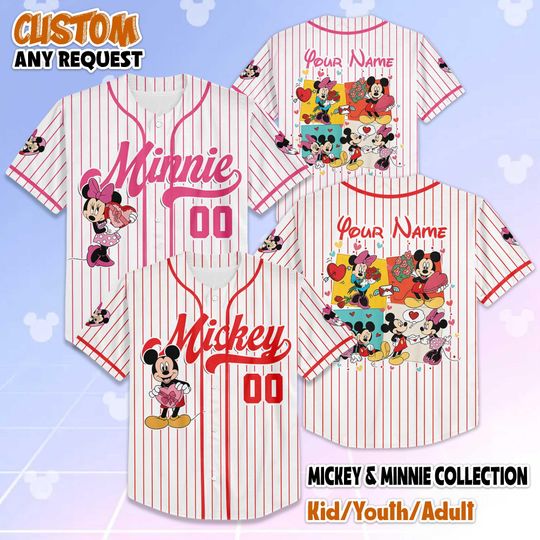 Discover Personalized Mickey and Minnie Mouse Valentine Baseball Jersey, Disney Couple Matching Jersey, Custom Valentine Disney Shirt, Love Gift