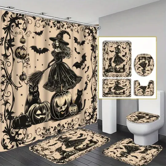 Discover Halloween Witch Bath Pumpkin Curtain Set with Toilet Floor Mat for Bathroom Decor