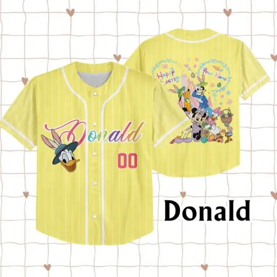 Discover Custom Donald Duck Mickey And Friends Happy Easter 2026 Baseball Jersey Shirt