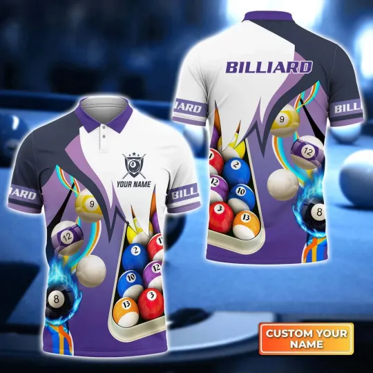 Discover Billiard Purple Personalized Name 3D Polo Shirt, Billiard 3D shirt, Gift For Bil