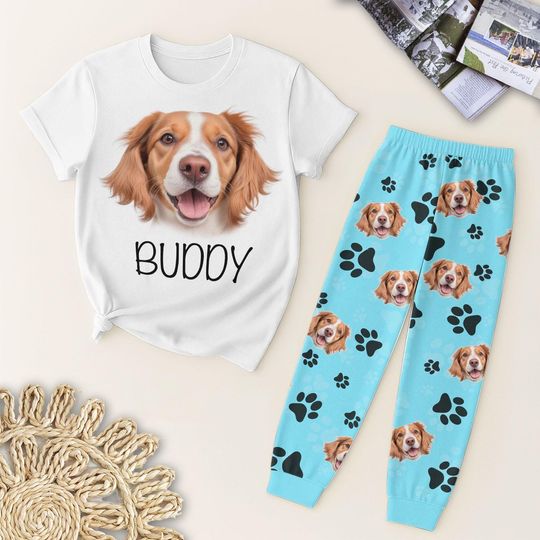 Discover Personalized Dog Photo T Shirt And Pants Pajamas, Dog And Paw Sleepwear, Cute Dog Homewear, Custom Pet Image PJS, Blue Pants, Pet Lover Gift