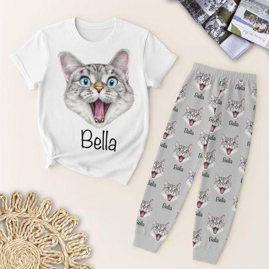 Discover Custom Cat Photo T Shirt And Pants Pajamas, Cat Face Homewear, Cute Cat Pajamas Set, Cat Owner Sleepwear, Pet Lovers Gift, Halloween Gift