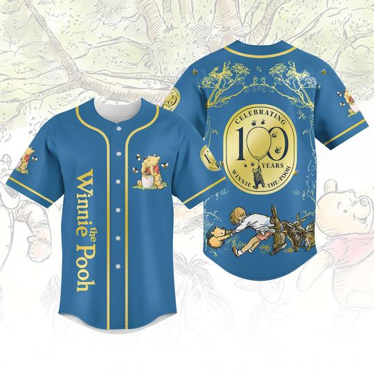 Discover Winnie Pooh Baseball Jersey, Disney 100 Years Shirt, Pooh Bear Button Up Jersey, Kids Baseball Shirt, Disney Fan Gift