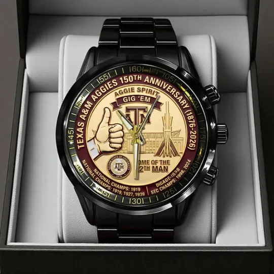 Discover A&M Aggies Football 150th Anniversary 2026 Black Stainless Steel Watch