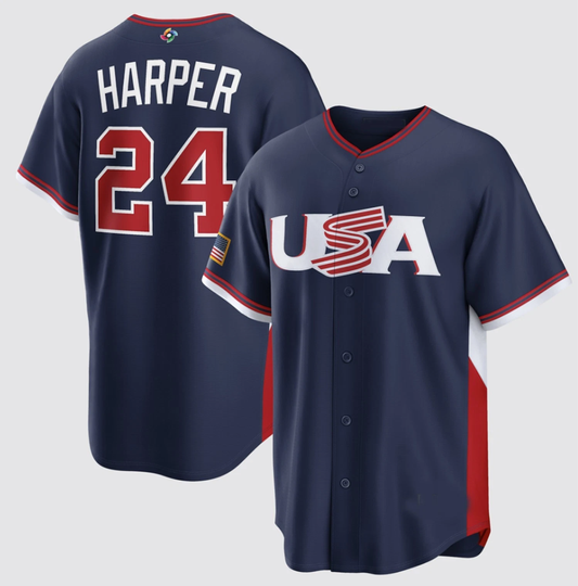 Discover Bryce Harper #24 Name and Number 2026 World Baseball USA Team Navy Tee