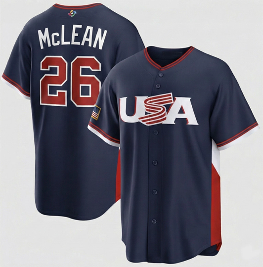 Discover Nolan McLean #26 Name and Number 2026 World Baseball USA Team Navy Tee