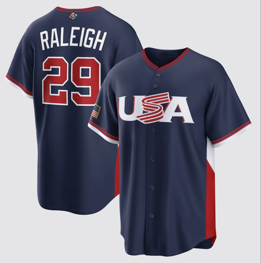 Cal Raleigh #29 Name and Number 2026 World Baseball USA Team Navy Tee