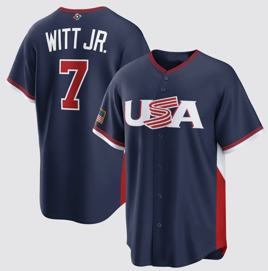 Discover Bobby Witt Jr #7 Name and Number 2026 World Baseball USA Team Navy Tee