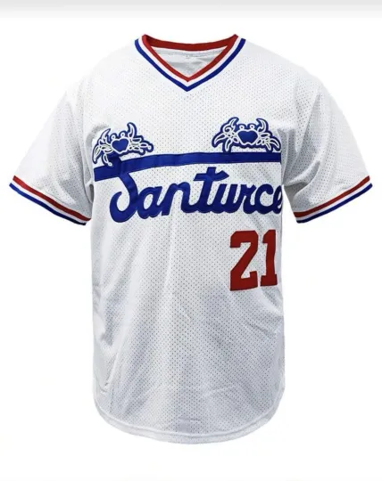 Discover Santurce Clemente #21 Mesh Baseball Jersey White Blue Red