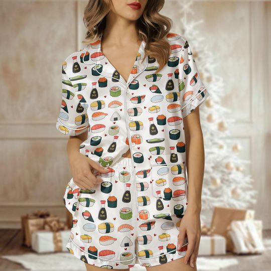Discover Sushi Print Christmas Pajama Set, Satin Short Sleeve Holiday Sleepwear, Cute Nightwear Gift For Women, Fun Loungewear, Holiday Surprise