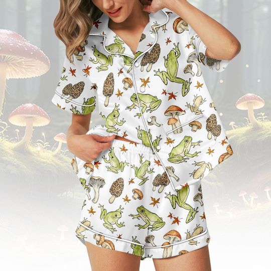 Discover Frog And Mushroom Short Satin PJs Set, Nature Satin Pajamas, Forest Short Pajama Set, Frog Theme Satin Pyjama, Gift for Nature Lovers