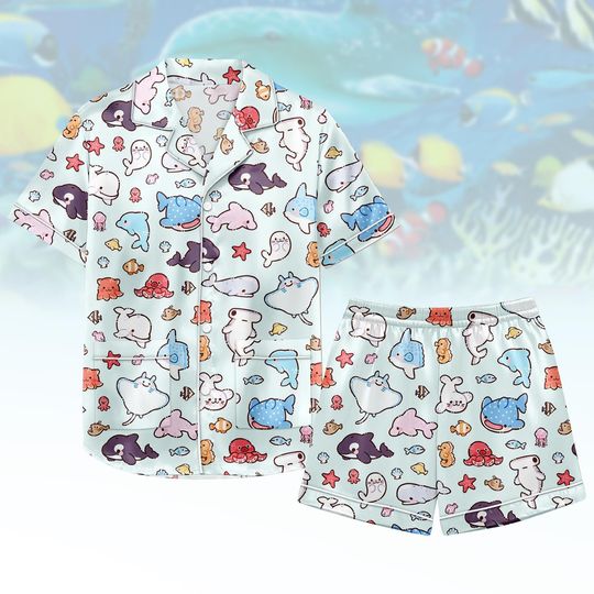 Discover Sea Life Short Satin PJs Set, Ocean Satin Pajamas, Marine Short Pajama Set, Whale Shark Satin Pyjama, Gift for Ocean Lovers