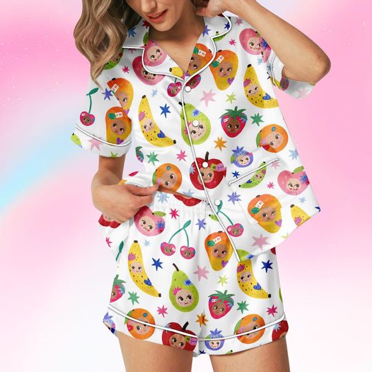Discover Fruit Pattern Short Satin PJs Set, Cute Fruit Satin Pajamas, Kawaii Short Pajama Set, Colorful Satin Pyjama, Gift for Her