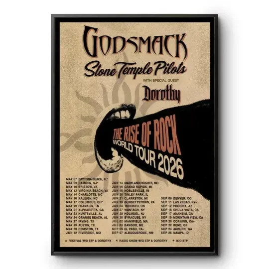 Discover Godsmack & Stone Temple Pilots Rise of Rock 2026 World Tour Vertical Poster Music Art