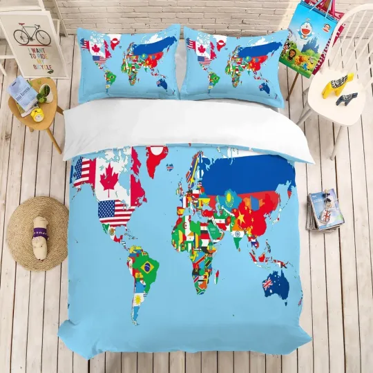 Discover 3D World Map Flag Ocean Colorful Quilt Cover Set Bedding Set with Pillowcases