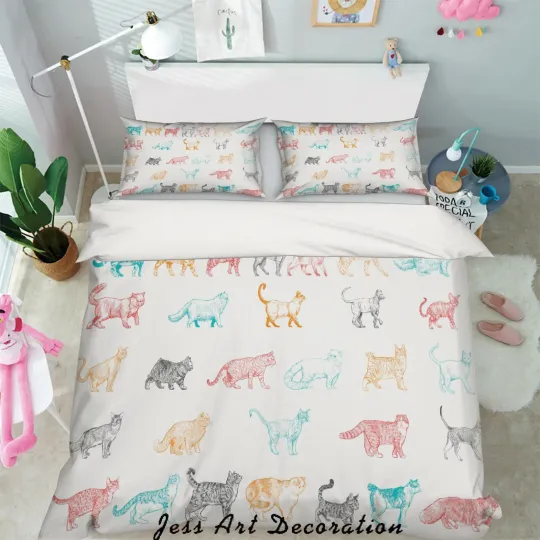 Discover 3D Cat Pattern Colorful Quilt Cover Set Bedding with Pillowcases