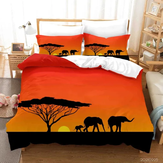 Discover 3D Sunset Elephant Tree Premium Matte Vertical Poster Bedding Set with Pillowcases