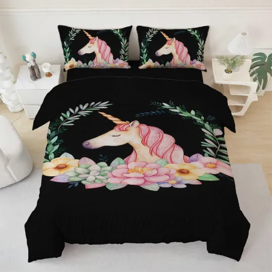 Discover 3D Cartoon Unicorn Kids Quilt Cover Set Bedding with Pillowcases