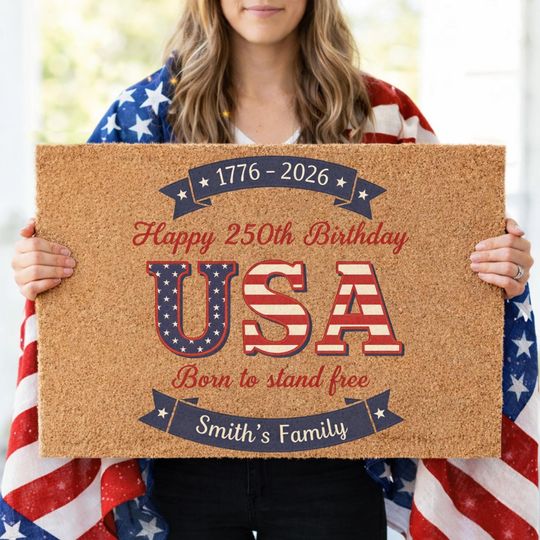 Discover Personalized USA 250th Birthday Doormat, Custom Patriotic Welcome Mat 17762026, America Anniversary Door Mat, Family Name Porch Decor