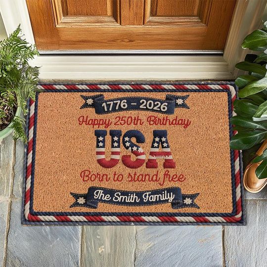 Discover Personalized USA 250th Birthday Doormat, Custom Patriotic Welcome Mat 1776-2026, America Anniversary Door Mat, Family Name Porch Decor