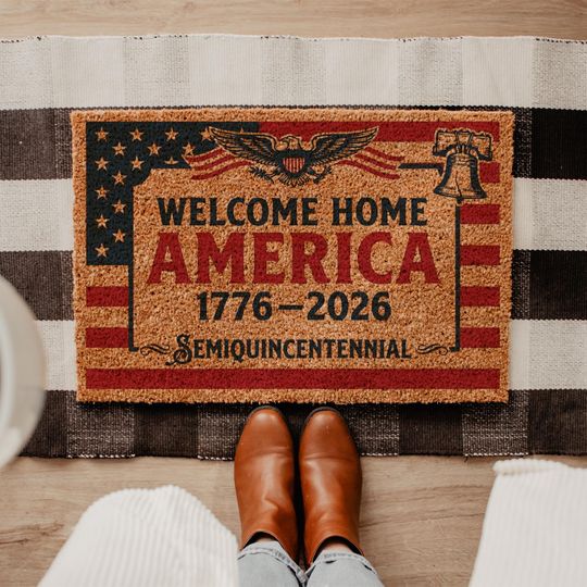 Discover 1776-2026 Patriotic Doormat, 250th Anniversary USA Decor, American Flag Welcome Mat, Land of the Free Rug, Independence Day Front Porch