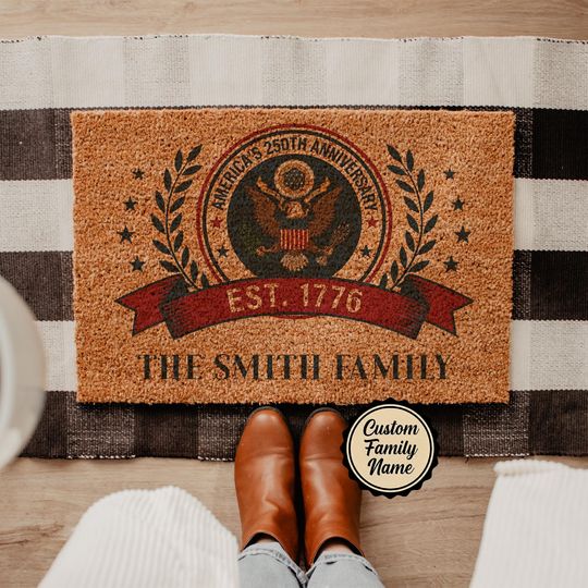 Discover Personalized USA 250 Years Anniversary Doormat, Custom Family Name Welcome Mat, 1776 Great Seal Eagle Rug, Patriotic Front Door Decor Gift