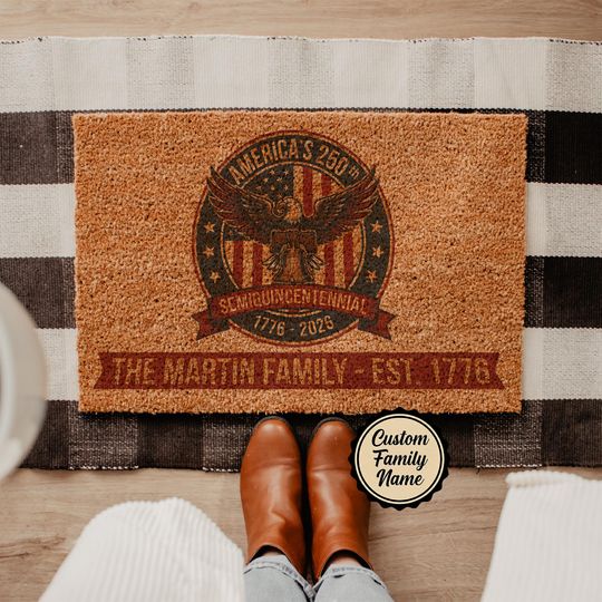 Discover Personalized Semiquincentennial Doormat, 1776-2026 USA 250th Anniversary Welcome Mat, Custom Name Coir Rug, Patriotic Housewarming Gift