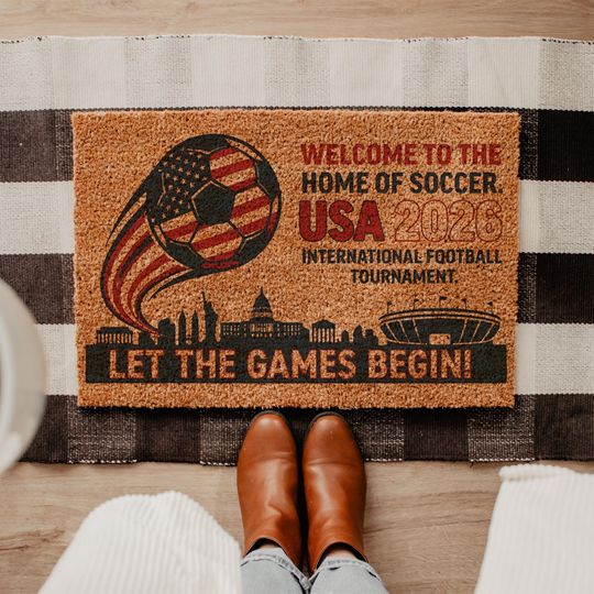 Discover 2026 Soccer Cup Doormat, USA Soccer Welcome Mat, Football Fan Gift, Home of Soccer Decor, Outdoor Coir Rug, Front Porch Entryway