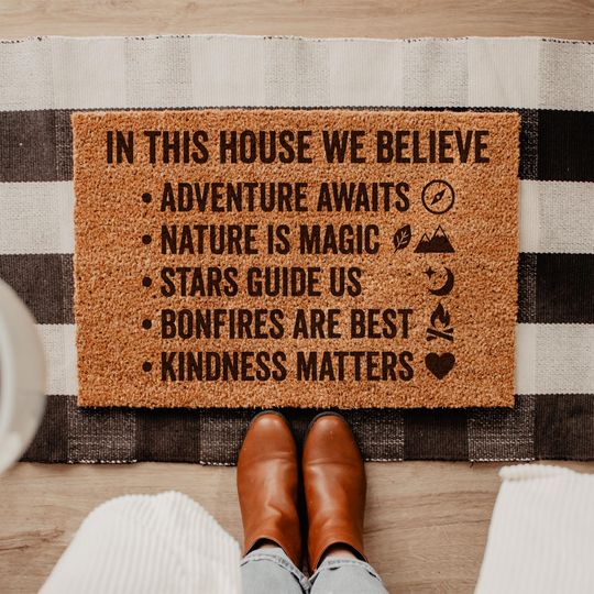Discover In This House We Believe Doormat, Nature Is Magic Welcome Mat, Adventure Awaits Door Mat, Camping Gift, Outdoor Decor, Housewarming Gift