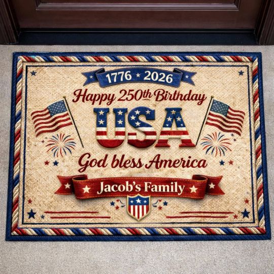 Discover USA 250th Birthday Faux Yarn Pattern Personalized Doormat, Custom Family Name Door Mat, Patriotic Front Porch Decor