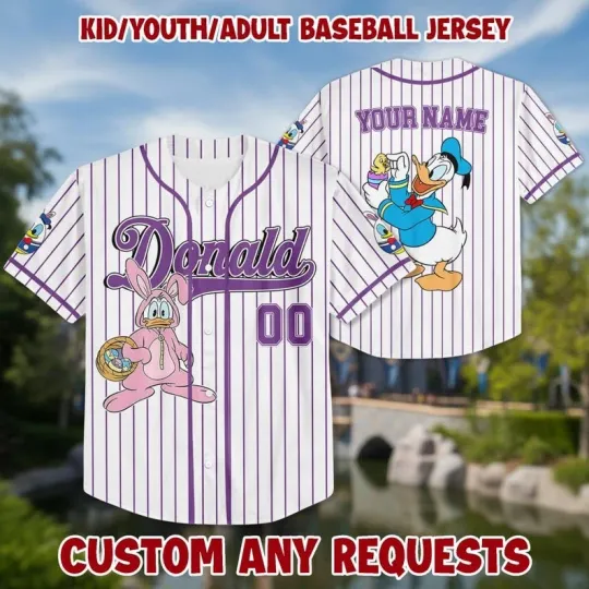 Discover Custom Bunny Donald Duck Happy Easter Striped Baseball Jersey Shirt
