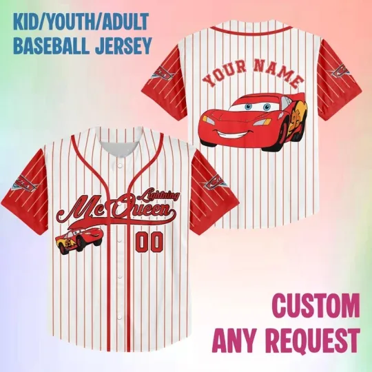 Custom Lightning McQueen Pixar Cars Baseball Jersey Red & White Striped Shirt