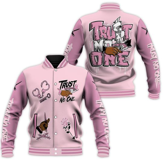 Dunkare Orchid 4s Baseball Varsity Jacket, Trust No One Dripping All Over Print Letterman Jackets