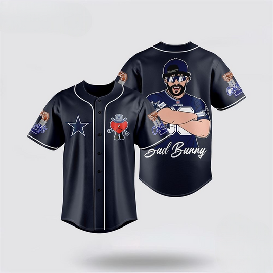Dallas Cowboys Baseball Jersey American Football Team Symbol Bad Bunny Graphic Blue Jersey Shirt