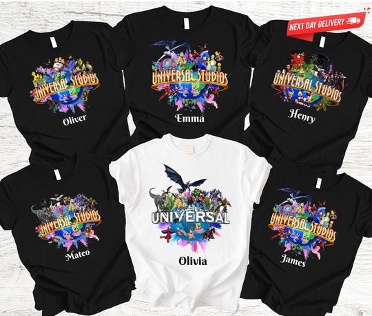 Custom Universal Studios 2026 Family Vacation Shirts  Personalized Any Text Name Tee  Matching Disney & Marvel Characters