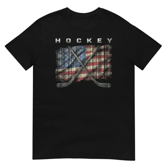 Discover USA Ice Hockey Flag T-Shirt Patriotic Sports Sticks Graphic Tee Men Women Shirt