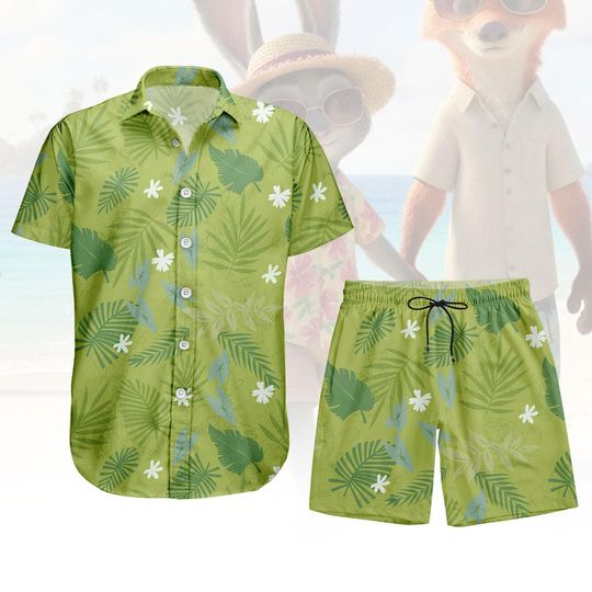 Discover Nick Costume Tropical Button Shirt Shorts, Leaf Pattern Pajamas Set, Disney Zootopia 2 Beach Sleepwear, Tropical Shirts, Summer Gift