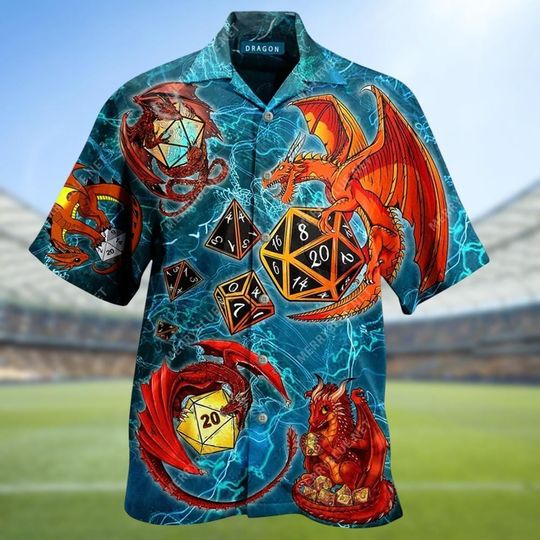 Discover Dragon and Dice Hawaiian Shirt, Fantasy Dragon Button Shirt, RPG Gamer Button Down Shirt, D20 Dice Vacation Shirt, Unique Gift