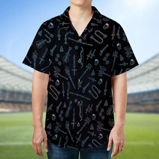 Discover Fantasy Weapons Hawaiian Shirt, Geek Button Shirt, Gamer Gear Button Down Shirt, RPG Vacation Shirt, Gift for Him