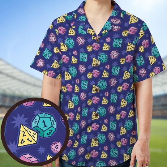 Discover Dice Pattern Hawaiian Shirt, Gaming Button Shirt, Rpg Dice Button Down Shirt, Board Game Vacation Shirt, Gift for Gamers