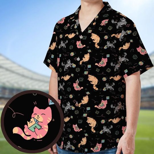 Discover Cat Dnd Hawaiian Shirt, Cat Lover Button Shirt, DnD Dice Kitty Button Down Shirt, Cat Print Vacation Shirt, Holiday Gift